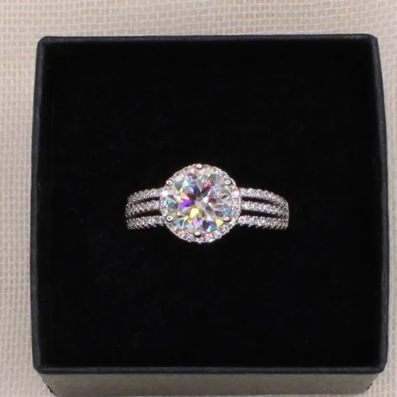 2 Carat Round Moissanite Platinum and Rhodium Plated 925 Silver Ring - Picture 3 of 14